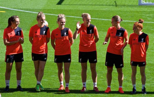 LIVERPOOL, ENGLAND - Monday, August 29, 2016: Liverpool Ladies' captain Sophie Ingle waves as the players line-up in-front of the new Main Stand as it undergoes testing as supporters experience the newly rebuilt stand for the second time at Anfield. (Pic by David Rawcliffe/Propaganda)