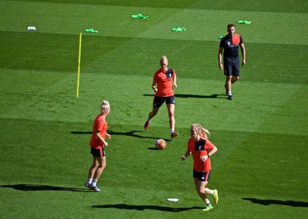 LIVERPOOL, ENGLAND - Monday, August 29, 2016: Liverpool Ladies' Sophie Ingle trains in-front of the new Main Stand as it undergoes testing as supporters experience the newly rebuilt stand for the second time at Anfield. (Pic by David Rawcliffe/Propaganda)