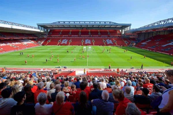 LIVERPOOL, ENGLAND - Monday, August 29, 2016: Liverpool Ladies and Under-23 players train in-front of the new Main Stand as it undergoes testing as supporters experience the newly rebuilt stand for the second time at Anfield. (Pic by David Rawcliffe/Propaganda)