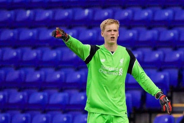 BIRKENHEAD, ENGLAND - Sunday, September 11, 2016: Liverpool's goalkeeper Caoimhin Kelleher in action against Leicester City during the FA Premier League 2 Under-23 match at Prenton Park. (Pic by David Rawcliffe/Propaganda)