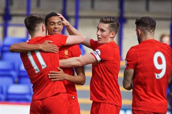 BIRKENHEAD, ENGLAND - Sunday, September 11, 2016: Liverpool's Ben Woodburn [#11] celebrates scoring the second goal against Leicester City with team-mates Trent Alexander-Arnold and captain Harry Wilson during the FA Premier League 2 Under-23 match at Prenton Park. (Pic by David Rawcliffe/Propaganda)