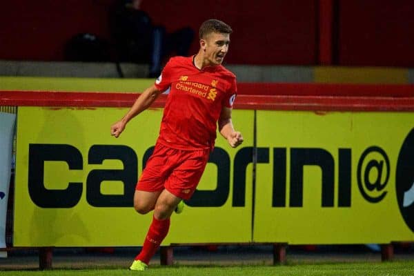 STEVENAGE, ENGLAND - Monday, September 19, 2016: Liverpool's Cameron Brannagan celebrates scoring the third goal against Tottenham Hotspur during the FA Premier League 2 Under-23 match at Broadhall. (Pic by David Rawcliffe/Propaganda)