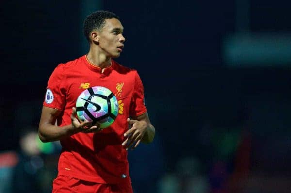 STEVENAGE, ENGLAND - Monday, September 19, 2016: Liverpool's Trent Alexander-Arnold in action against Tottenham Hotspur during the FA Premier League 2 Under-23 match at Broadhall. (Pic by David Rawcliffe/Propaganda)