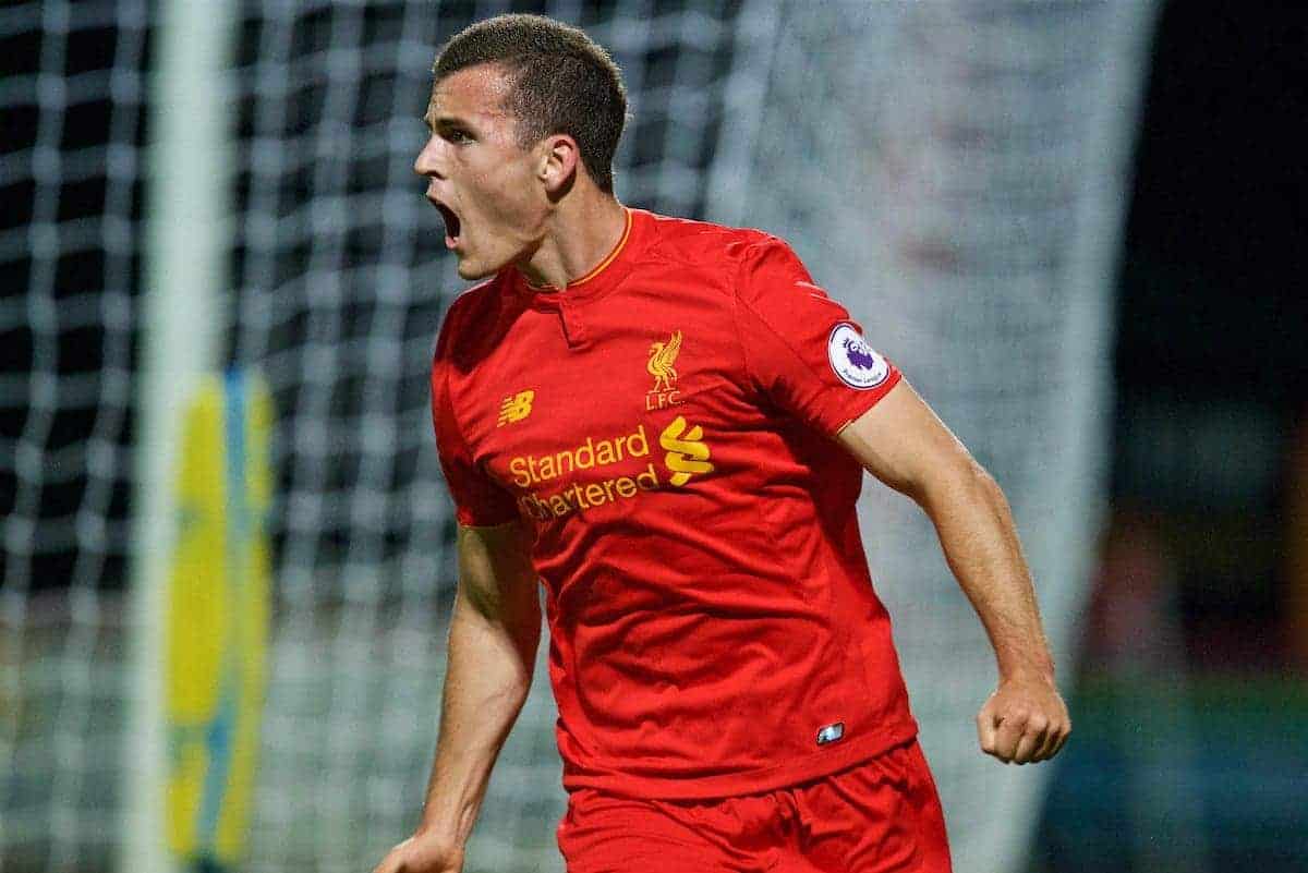 STEVENAGE, ENGLAND - Monday, September 19, 2016: Liverpool's Brooks Lennon celebrates scoring the sixth goal against Tottenham Hotspur during the FA Premier League 2 Under-23 match at Broadhall. (Pic by David Rawcliffe/Propaganda)