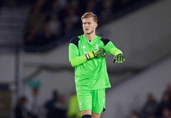 DERBY, ENGLAND - Tuesday, September 20, 2016: Liverpool's goalkeeper Loris Karius in action against Derby County during the Football League Cup 3rd Round match at Pride Park. (Pic by David Rawcliffe/Propaganda)