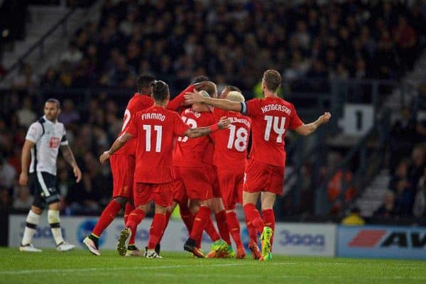 DERBY, ENGLAND - Tuesday, September 20, 2016: Liverpool's Ragnar Klavan celebrates scoring the first goal against Derby County during the Football League Cup 3rd Round match at Pride Park. (Pic by David Rawcliffe/Propaganda)