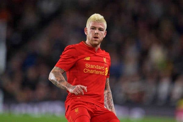 DERBY, ENGLAND - Tuesday, September 20, 2016: Liverpool's Alberto Moreno, with dyed bleach blonde hair, in action against Derby County during the Football League Cup 3rd Round match at Pride Park. (Pic by David Rawcliffe/Propaganda)