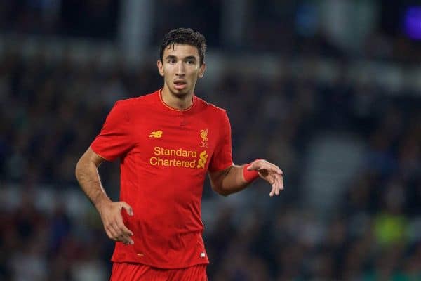 DERBY, ENGLAND - Tuesday, September 20, 2016: Liverpool's Marko Grujic in action against Derby County during the Football League Cup 3rd Round match at Pride Park. (Pic by David Rawcliffe/Propaganda)