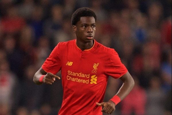 DERBY, ENGLAND - Tuesday, September 20, 2016: Liverpool's Oviemuno Ejaria in action against Derby County during the Football League Cup 3rd Round match at Pride Park. (Pic by David Rawcliffe/Propaganda)