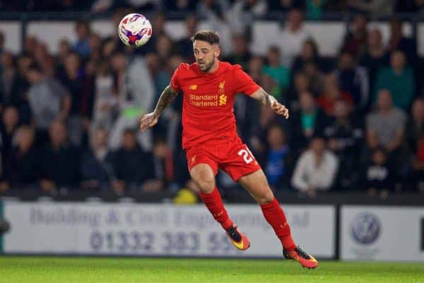 DERBY, ENGLAND - Tuesday, September 20, 2016: Liverpool's Danny Ings in action against Derby County during the Football League Cup 3rd Round match at Pride Park. (Pic by David Rawcliffe/Propaganda)