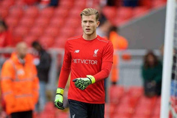 LIVERPOOL, ENGLAND - Saturday, September 24, 2016: Liverpool's goalkeeper Loris Karius warms-up before the FA Premier League match against Hull City at Anfield. (Pic by David Rawcliffe/Propaganda)