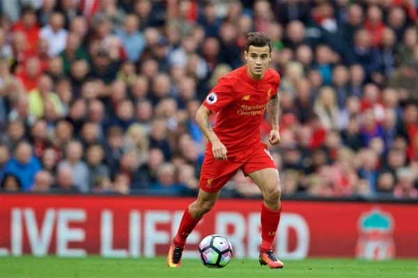 LIVERPOOL, ENGLAND - Saturday, September 24, 2016: Liverpool's Philippe Coutinho Correia in action against Hull City during the FA Premier League match at Anfield. (Pic by David Rawcliffe/Propaganda)