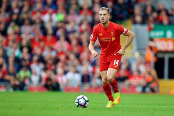 LIVERPOOL, ENGLAND - Saturday, September 24, 2016: Liverpool's captain Jordan Henderson in action against Hull City during the FA Premier League match at Anfield. (Pic by David Rawcliffe/Propaganda)