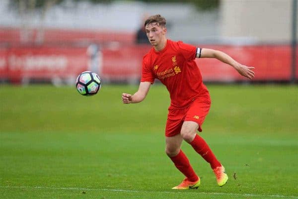 KIRKBY, ENGLAND - Saturday, September 24, 2016: Liverpool's captain Conor Masterson in action against Everton during the Under-18 FA Premier League match at the Kirkby Academy. (Pic by David Rawcliffe/Propaganda)