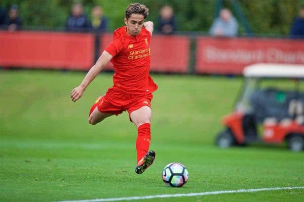 KIRKBY, ENGLAND - Saturday, September 24, 2016: Liverpool's Yan Dhanda scores the first equalising goal against Everton during the Under-18 FA Premier League match at the Kirkby Academy. (Pic by David Rawcliffe/Propaganda)