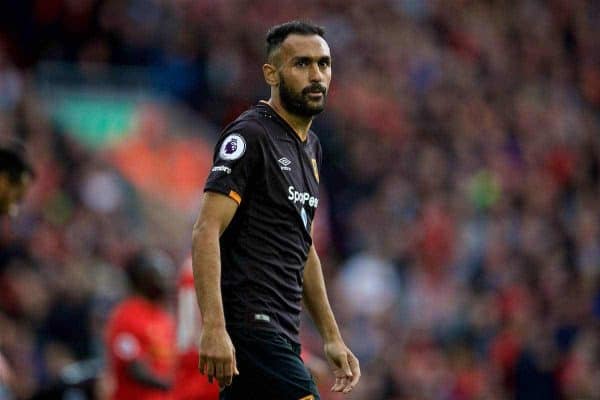 LIVERPOOL, ENGLAND - Saturday, September 24, 2016: Hull City's Ahmed Elmohamady looks dejected as he is shown a red card and sent off for deliberate hand-ball during the FA Premier League match against Liverpoolat Anfield. (Pic by David Rawcliffe/Propaganda)