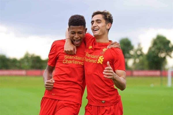 KIRKBY, ENGLAND - Saturday, September 24, 2016: Liverpool's Yan Dhanda [R] celebrates scoring the first equalising goal against Everton with team-mate Rhian Brewster during the Under-18 FA Premier League match at the Kirkby Academy. (Pic by David Rawcliffe/Propaganda)