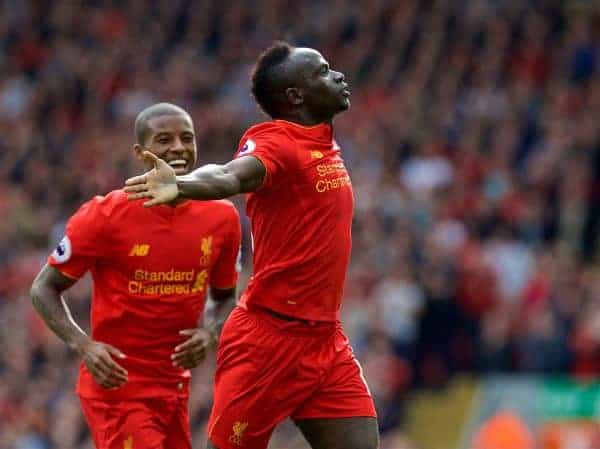 LIVERPOOL, ENGLAND - Saturday, September 24, 2016: Liverpool's Sadio Mane celebrates scoring the third goal against Hull City during the FA Premier League match at Anfield. (Pic by David Rawcliffe/Propaganda)