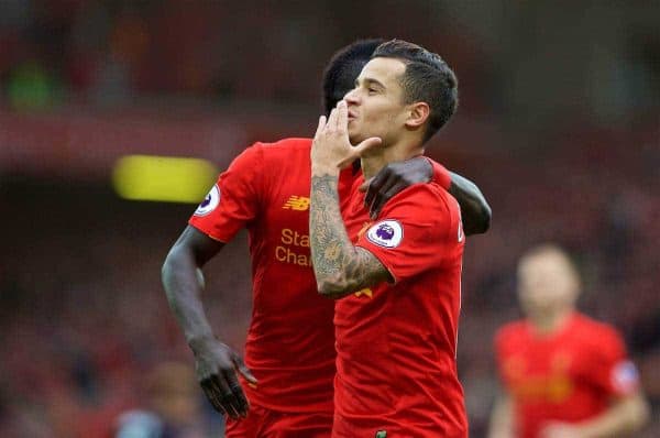 LIVERPOOL, ENGLAND - Saturday, September 24, 2016: Liverpool's Philippe Coutinho Correia celebrates scoring the fourth goal against Hull City during the FA Premier League match at Anfield. (Pic by David Rawcliffe/Propaganda)