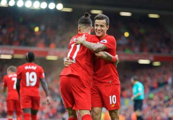 LIVERPOOL, ENGLAND - Saturday, September 24, 2016: Liverpool's Philippe Coutinho Correia celebrates scoring the fourth goal against Hull City with team-mate Roberto Firmino during the FA Premier League match at Anfield. (Pic by David Rawcliffe/Propaganda)