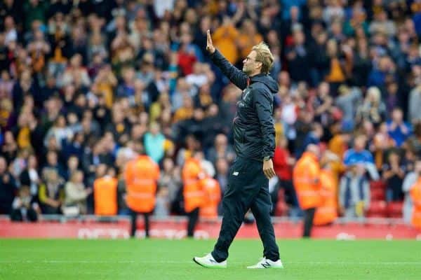 LIVERPOOL, ENGLAND - Saturday, September 24, 2016: Liverpool's manager Jürgen Klopp waves to the crowd after seeing his side beat Hull City 5-1 during the FA Premier League match at Anfield. (Pic by David Rawcliffe/Propaganda)