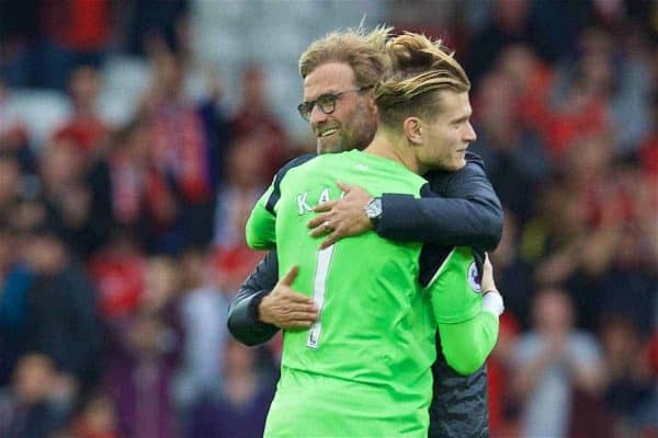 LIVERPOOL, ENGLAND - Saturday, September 24, 2016: Liverpool's manager Jürgen Klopp hugs goalkeeper Loris Karius after the 5-1 victory over Hull City during the FA Premier League match at Anfield. (Pic by David Rawcliffe/Propaganda)