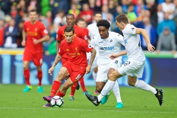 LIVERPOOL, ENGLAND - Saturday, October 1, 2016: Liverpool's Philippe Coutinho Correia in action against Swansea City during the FA Premier League match at the Liberty Stadium. (Pic by David Rawcliffe/Propaganda)