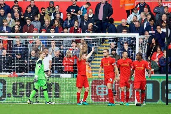 LIVERPOOL, ENGLAND - Saturday, October 1, 2016: Liverpool's goalkeeper Loris Karius and James Milner look dejected as Swansea City score the opening goal during the FA Premier League match at the Liberty Stadium. (Pic by David Rawcliffe/Propaganda)