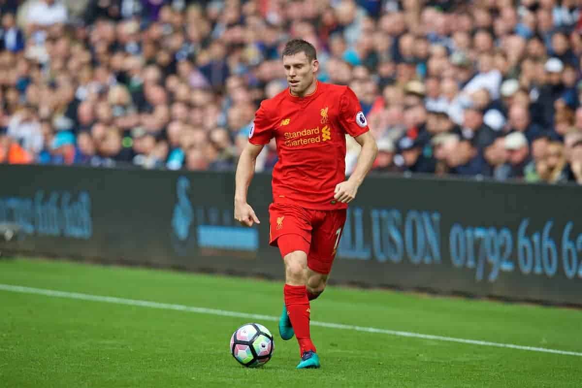 LIVERPOOL, ENGLAND - Saturday, October 1, 2016: Liverpool's James Milner in action against Swansea City during the FA Premier League match at the Liberty Stadium. (Pic by David Rawcliffe/Propaganda)