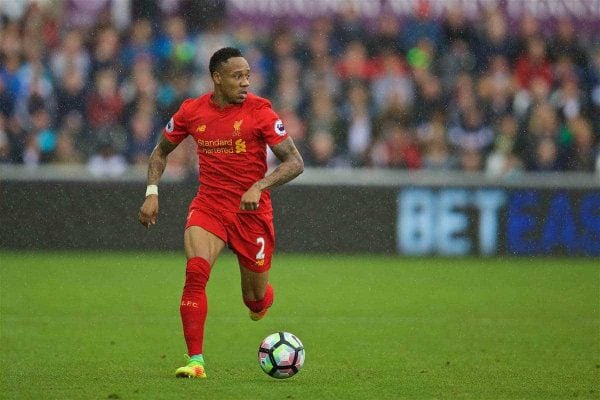 LIVERPOOL, ENGLAND - Saturday, October 1, 2016: Liverpool's Nathaniel Clyne in action against Swansea City during the FA Premier League match at the Liberty Stadium. (Pic by David Rawcliffe/Propaganda)