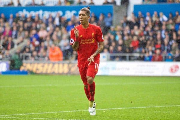 LIVERPOOL, ENGLAND - Saturday, October 1, 2016: Liverpool's Roberto Firmino celebrates scoring the first equalising goal against Swansea City during the FA Premier League match at the Liberty Stadium. (Pic by David Rawcliffe/Propaganda)