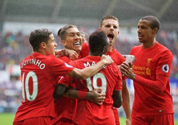 LIVERPOOL, ENGLAND - Saturday, October 1, 2016: Liverpool's Roberto Firmino celebrates scoring the first equalising goal against Swansea City with team-mates Philippe Coutinho Correia, Sadio Mane, captain Jordan Henderson and Joel Matip during the FA Premier League match at the Liberty Stadium. (Pic by David Rawcliffe/Propaganda)