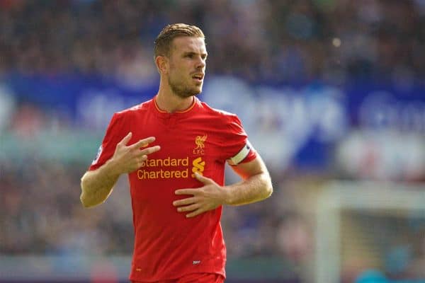 LIVERPOOL, ENGLAND - Saturday, October 1, 2016: Liverpool's captain Jordan Henderson in action against Swansea City during the FA Premier League match at the Liberty Stadium. (Pic by David Rawcliffe/Propaganda)