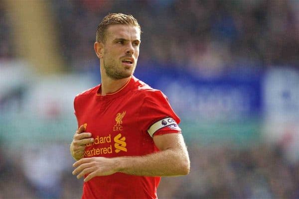 LIVERPOOL, ENGLAND - Saturday, October 1, 2016: Liverpool's captain Jordan Henderson in action against Swansea City during the FA Premier League match at the Liberty Stadium. (Pic by David Rawcliffe/Propaganda)