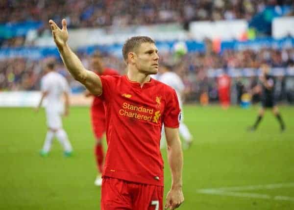 LIVERPOOL, ENGLAND - Saturday, October 1, 2016: Liverpool's James Milner celebrates scoring the second goal against Swansea City from the penalty spot to make the score 2-1 during the FA Premier League match at the Liberty Stadium. (Pic by David Rawcliffe/Propaganda)