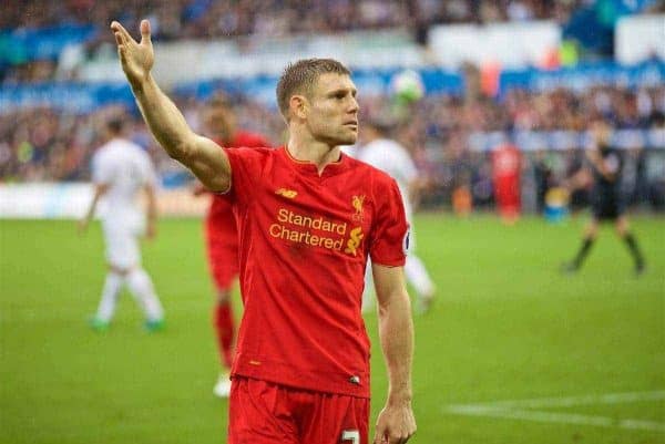 LIVERPOOL, ENGLAND - Saturday, October 1, 2016: Liverpool's James Milner celebrates scoring the second goal against Swansea City from the penalty spot to make the score 2-1 during the FA Premier League match at the Liberty Stadium. (Pic by David Rawcliffe/Propaganda)