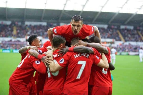 LIVERPOOL, ENGLAND - Saturday, October 1, 2016: Liverpool's James Milner [#7] celebrates scoring the second goal against Swansea City from the penalty spot to make the score 2-1 with team-mates during the FA Premier League match at the Liberty Stadium. (Pic by David Rawcliffe/Propaganda)
