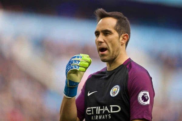 MANCHESTER, ENGLAND - Saturday, October 15, 2016: Manchester City's goalkeeper Claudio Bravo in action against Everton during the FA Premier League match at the City of Manchester Stadium Lane. (Pic by David Rawcliffe/Propaganda)