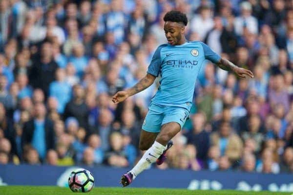 MANCHESTER, ENGLAND - Saturday, October 15, 2016: Manchester City's Raheem Sterling in action against Everton during the FA Premier League match at the City of Manchester Stadium Lane. (Pic by David Rawcliffe/Propaganda)