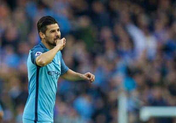 MANCHESTER, ENGLAND - Saturday, October 15, 2016: Manchester City's Manuel Agudo Nolito celebrates scoring the first equalising goal against Everton during the FA Premier League match at the City of Manchester Stadium Lane. (Pic by David Rawcliffe/Propaganda)