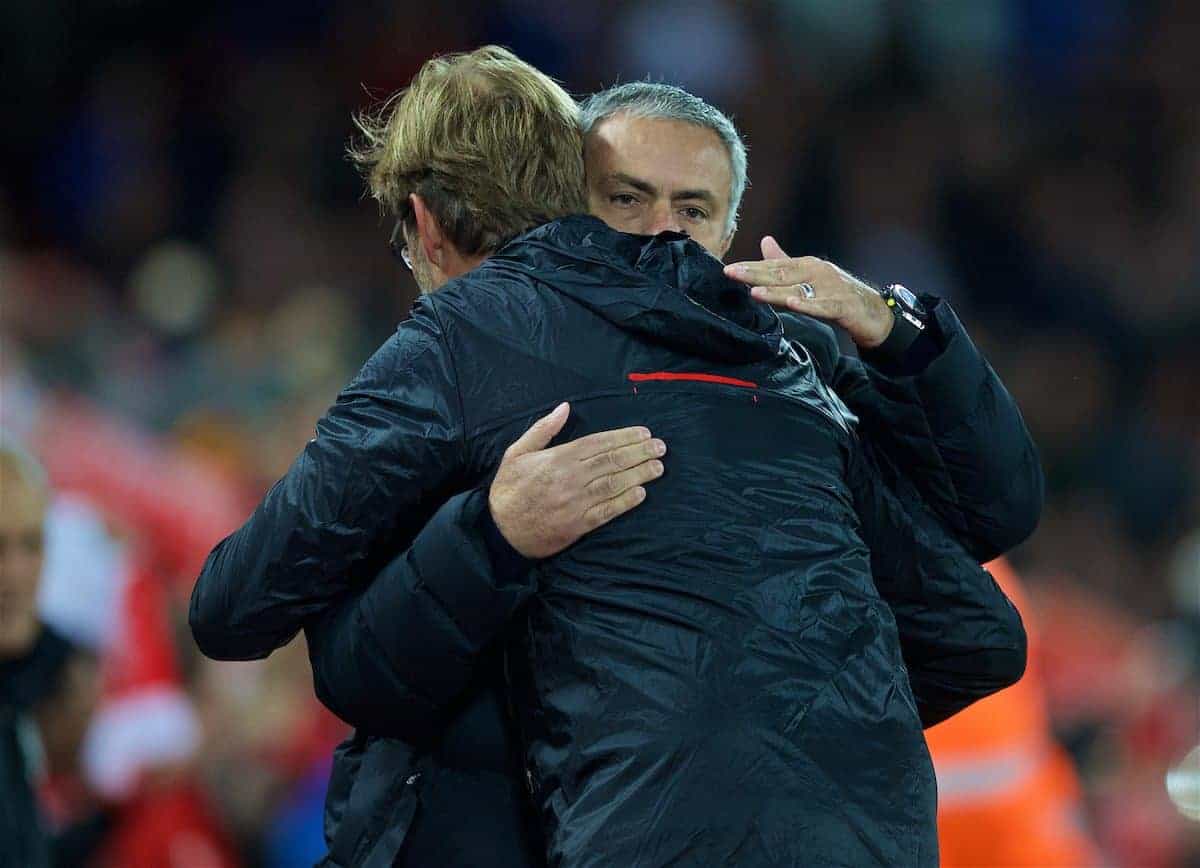 LIVERPOOL, ENGLAND - Monday, October 17, 2016: Liverpool's manager Jürgen Klopp and Manchester United's manager Jose Mourinho embrace the FA Premier League match against Manchester United at Anfield. (Pic by David Rawcliffe/Propaganda)