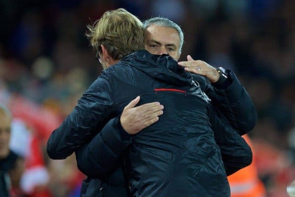 LIVERPOOL, ENGLAND - Monday, October 17, 2016: Liverpool's manager Jürgen Klopp and Manchester United's manager Jose Mourinho embrace the FA Premier League match against Manchester United at Anfield. (Pic by David Rawcliffe/Propaganda)