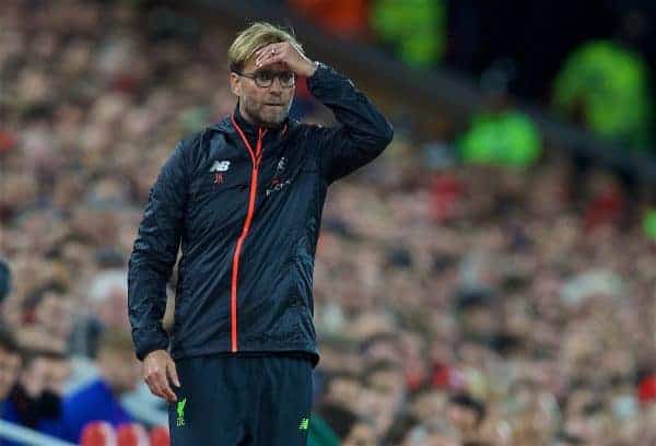 LIVERPOOL, ENGLAND - Monday, October 17, 2016: Liverpool's manager Jürgen Klopp during the FA Premier League match against Manchester United at Anfield. (Pic by David Rawcliffe/Propaganda)