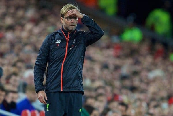 LIVERPOOL, ENGLAND - Monday, October 17, 2016: Liverpool's manager Jürgen Klopp during the FA Premier League match against Manchester United at Anfield. (Pic by David Rawcliffe/Propaganda)