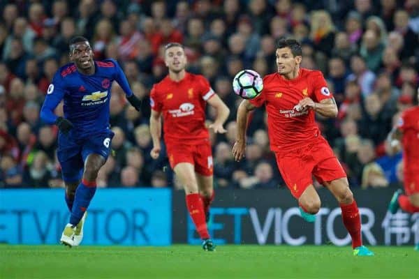 LIVERPOOL, ENGLAND - Monday, October 17, 2016: Liverpool's Dejan Lovren in action against Manchester United's Paul Pogba during the FA Premier League match at Anfield. (Pic by David Rawcliffe/Propaganda)