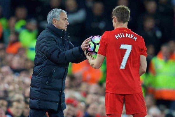 LIVERPOOL, ENGLAND - Monday, October 17, 2016: Manchester United's manager Jose Mourinho hands the ball to Liverpool's James Milner during the FA Premier League match at Anfield. (Pic by David Rawcliffe/Propaganda)