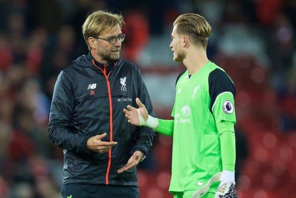 LIVERPOOL, ENGLAND - Monday, October 17, 2016: Liverpool's manager Jürgen Klopp and goalkeeper Loris Karius after the goal-less draw with Manchester United during the FA Premier League match at Anfield. (Pic by David Rawcliffe/Propaganda)