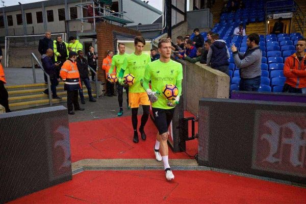 LONDON, ENGLAND - Saturday, October 29, 2016: Liverpool's goalkeeper Loris Karius and goalkeeper Kamil Grabara walk out to warm-up before the FA Premier League match against Crystal Palace at Selhurst Park. (Pic by David Rawcliffe/Propaganda)