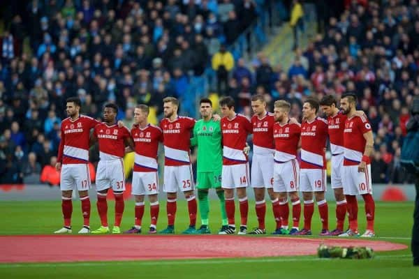 MANCHESTER, ENGLAND - Saturday, November 5, 2016: Middlesbrough players stand to remember those that gave their lives in the Great War, before the FA Premier League match against Manchester City at the City of Manchester Stadium. Antonio Barragán, Adama Traoré, Adam Foresaw, Calum Chambers, goalkeeper Víctor Valdés, Marten de Roon, Ben Gibson, Adam Clayton, Stewart Downing, Marten de Roon, Álvaro Negredo. (Pic by David Rawcliffe/Propaganda)