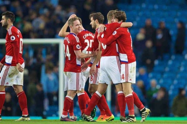 MANCHESTER, ENGLAND - Saturday, November 5, 2016: Middlesbrough's goal-scorer Marten de Roon celebrates a late 1-1 draw against Manchester City during the FA Premier League match at the City of Manchester Stadium. (Pic by David Rawcliffe/Propaganda)